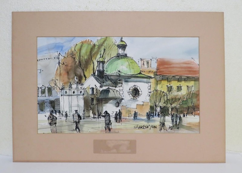 vtg Krakow Poland Abstract Watercolor Painting Cityscape Landscape Polska Polish