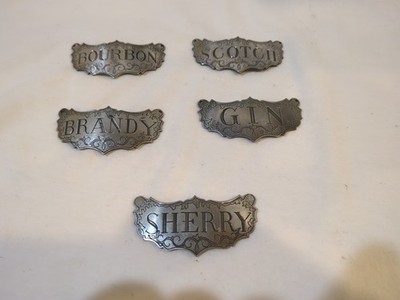 5 Vintage STIEFF  Pewter Decanter Hangers -BOURBON - SCOTCH-BRANDY-GIN-SHERRY