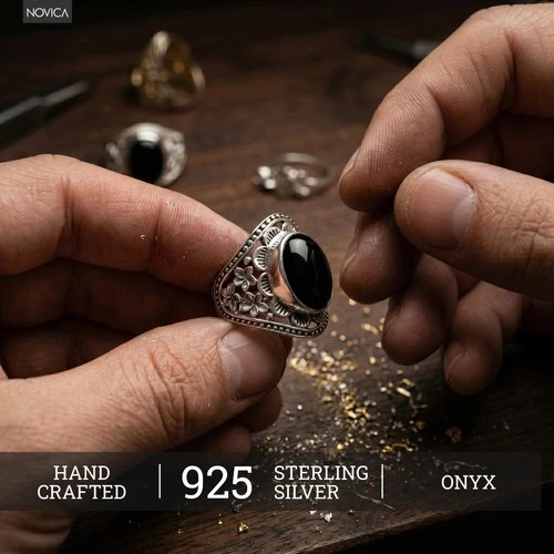 Onyx flower ring, 'Frangipani Mystery' image 4