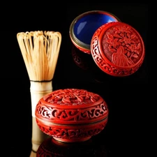 Chinese Antique Flower-carved Red Lacquered Incense Container