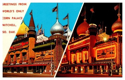 Mitchell SD South Dakota Corn Palace Day & Night Views Chrome Postcard