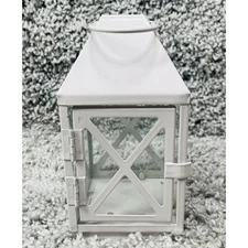 White Metal Tealight Candle Lantern 5.5" Tall Glass Panes Decorative Home Decor