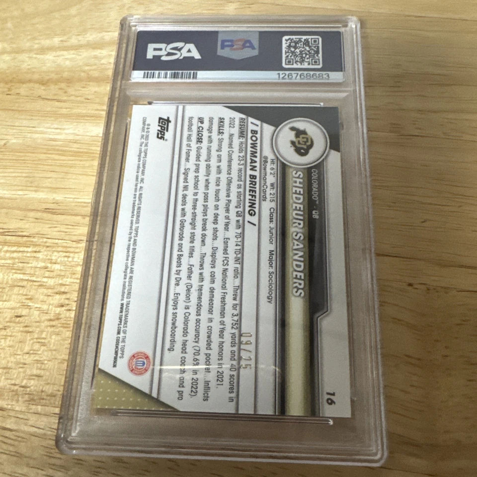 Shedeur Sanders 2023 Bowman U Chrome Orange Surge Refractor 9/25 PSA 8 - Image 2 of 4