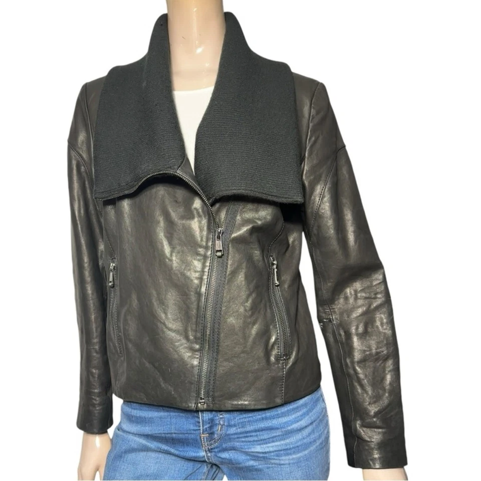 Chaqueta Andrew Marc para mujer talla L de cuero negro acanalado tejido cuello Foto 3 de 4