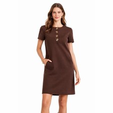 Tory Burch Wool Blend Brown Dress Gold Logo Button Neckline Short Sleeve Shift L