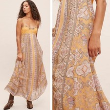 Anthropologie Calida Maxi Dress Size 4P Dark Yellow Print Feminine Boho Vacation