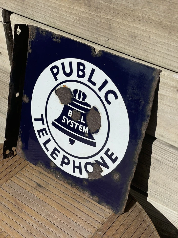 Original Vintage Bell System Public Telephone 2 Side Flange Metal Porcelain Sign - Image 2 of 4