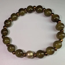 Boho Olive Green Stone Stretch Bracelet w/ Metallic Gold Accent Beads Handmade 