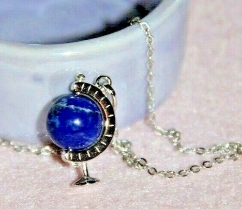 Halskette Collier + Anhänger natürlicher Lapislazuli Globus 38,5 cm 925 Silber