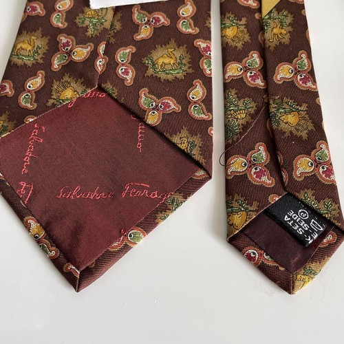 Salvatore Ferragamo Brown Neck Tie New Unused Animal 100%Silk With Tag - Picture 10 of 10
