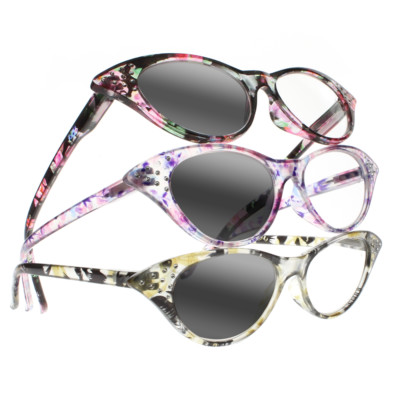 Bifocal Transition Photochromic Flower Rhinestone Cat Eye Reading Glass +1.0~+4