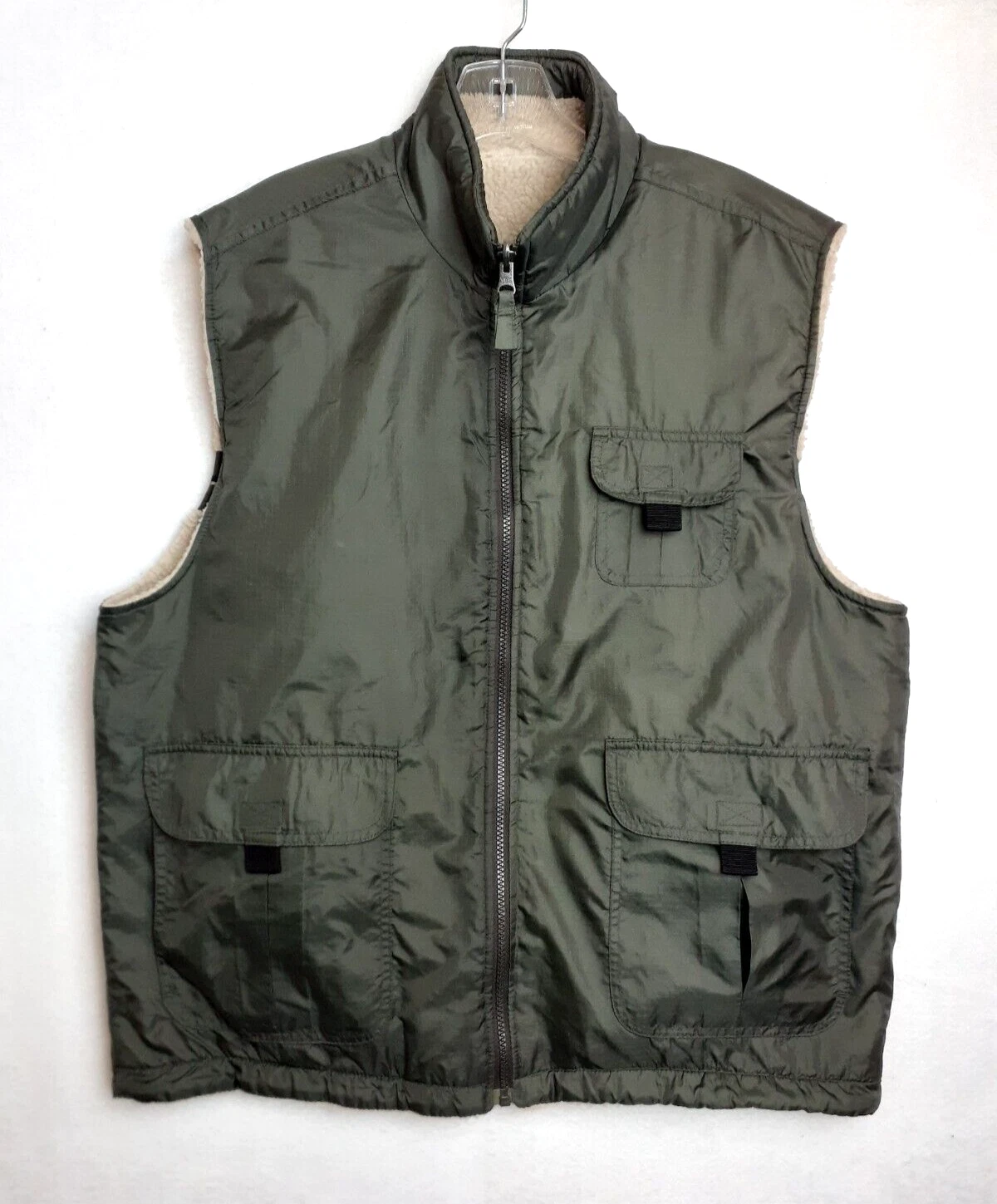 BASIC EDITIONS Men Vintage Reversible Fleece Nylon Vest Y2K Green Beige NWOT