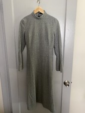  Zara Solid Grey Mock Neck Long Bell Sleeve Midi Dress Wool Blend Sz S