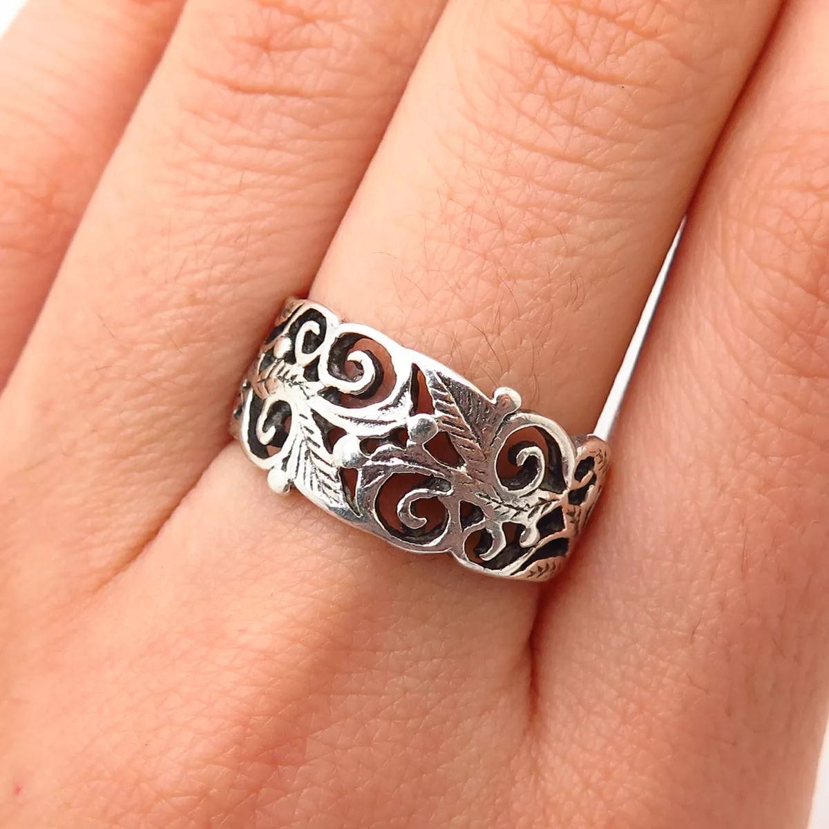 925 Sterling Silver Cutout Ornate Leaf Design Wide Ring Size 7 3 4