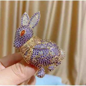 Authentic Lab-Created Amethyst 2.50Ct Round Cut Rabbit Brooch Pin 14K Yellow Gold Plated