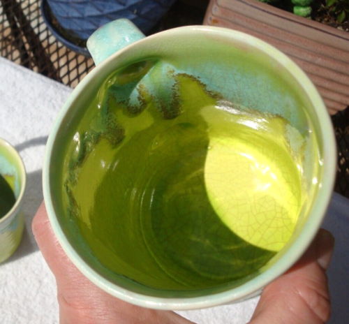 2 Handcrafted Art Pottery Mugs Signed Studio Bright Green Turquoise Drip Glaze - Picture 4 of 11