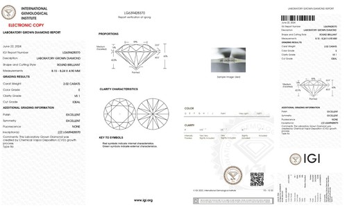 CVD DIAMOND 2.02 Ct Round Cut Lab Grown E Color VS1 Clarity STONE IGI Certified - Picture 2 of 12