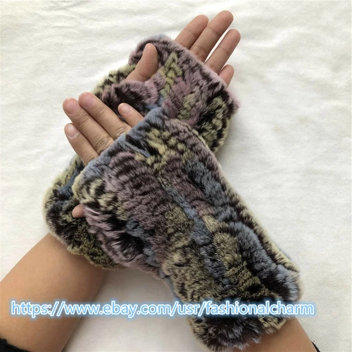 Womens Winter Real Rabbit Fur Gloves Knitted Stretch Fingerless Mitten Gloves - Picture 99 of 102