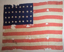 ca. 1858 OLD VINTAGE 32 STAR US AMERICAN FLAG HAND MADE WOOL Peek-A-Boo STARS MN