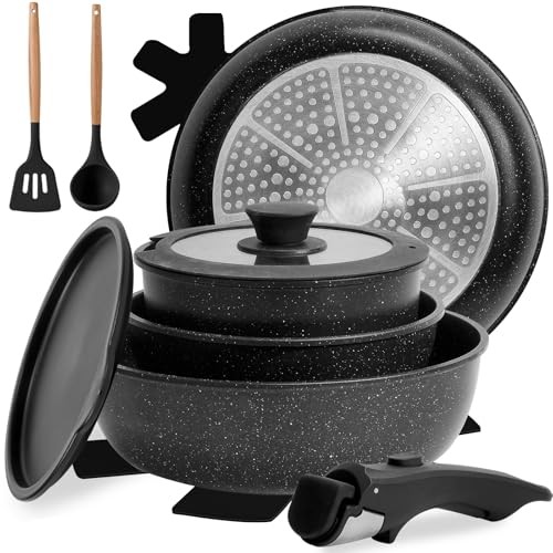 10 pcs Pots and Pan Set Non Stick with Detachable 10 Piece Modern Black