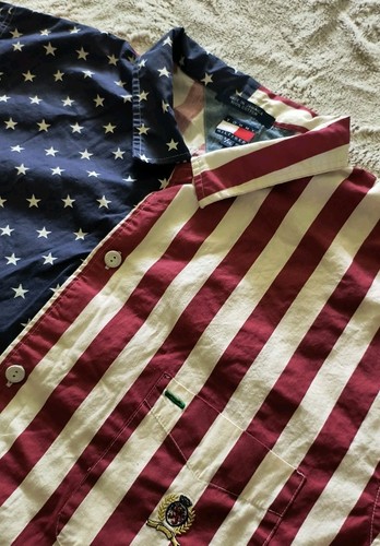 Vtg 90's Tommy Hilfiger Crest Button Down Shirt American Flag Short Sleeve L/XL