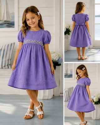 Angels Kids Dress 5 Purple Linen Empire Waist Embroidery Costal Occasions