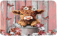 Funny Highland Cow Bath Mat Farm Pink Daisy Floral Rustic Western Farmhouse Anim