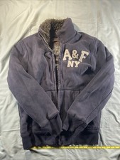 BUENA Chaqueta De Colección Y2K Abercrombie & Fitch Azul Marino Forrada de Piel Cremallera Para Hombre PEQUEÑA