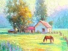 Farm painting original art,  oil on linen, landscape impressionism art