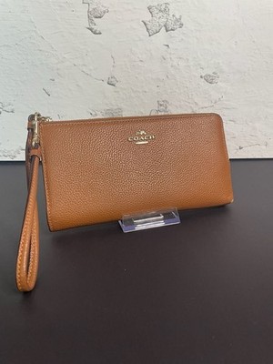 Coach Double Zip Pebble Leather Wristlet Wallet in Brown