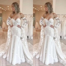 Mermaid Wedding Dresses Lace Long Sleeves V Neck Beach Train Bridal Gowns