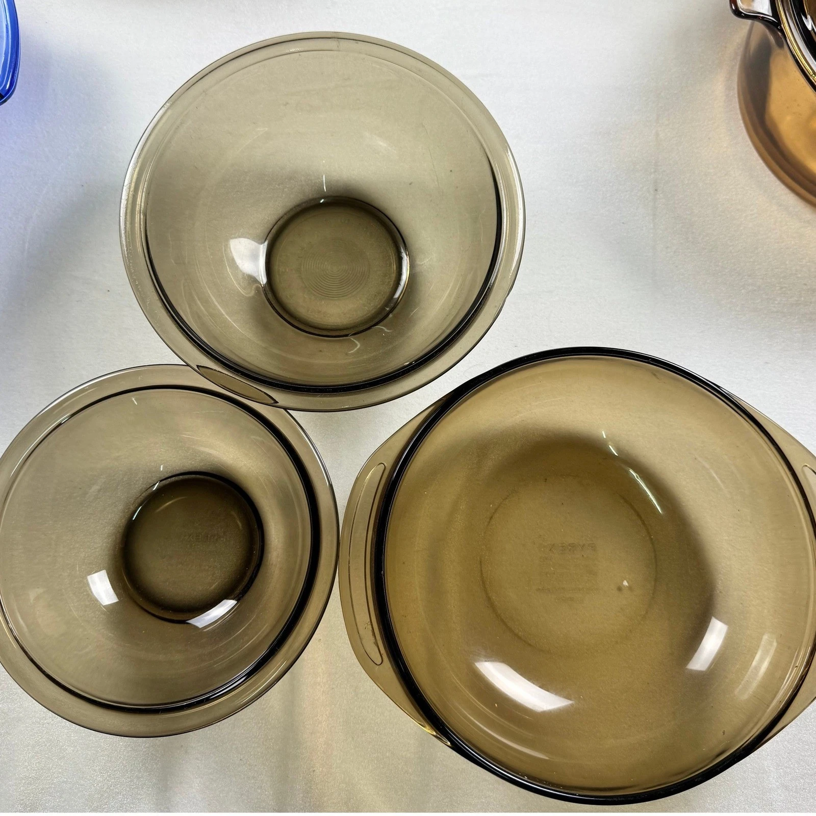Vintage Pyrex Visions Amber Brown Glass Mixing Bowl Set 3 Pieces Nesting