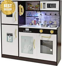 Wooden Play Kitchen Set w/ Light Sink Oven Microwave Toy for Kids Ages 3 