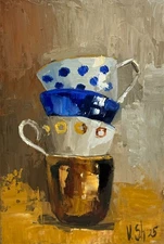 VINTAGE WHITE and Blue Gold Cups Original Oil Painting Signed UKRANE