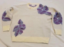FRNCH womens Floral Sweater White Purple Sz S Embroidered Applique Preppy Boho