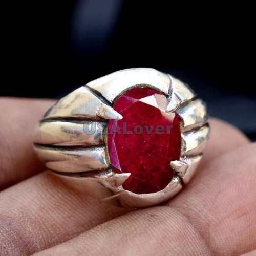 Solid 925 Sterling Silver Natural Ruby Corundum Gemstone Signet Gift Men's Ring - Picture 9 of 12