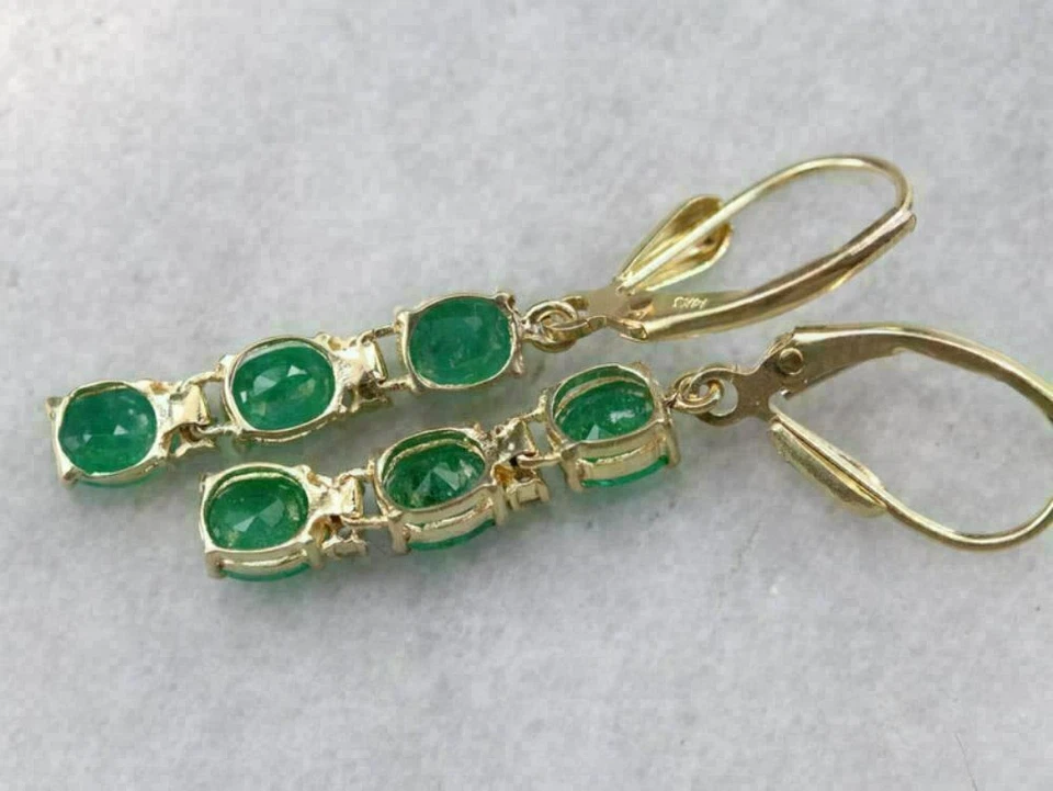 14K Yellow Gold Over 2.50CT Oval Cut Lab Created Emerald Drop/Dangle Earrings - Image 4 of 4