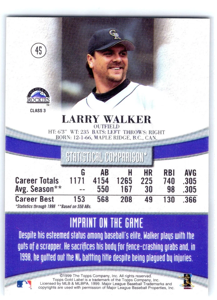 LARRY WALKER 1999 Topps Gold Label Class 3 HOF Colorado Rockies Baseball #45 - Image 2 of 2