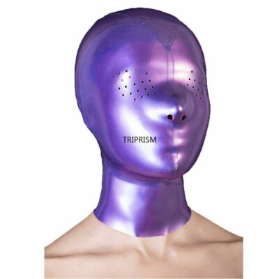 Lila Latex Haube Maske Gummi Catsuit Nadelstiche für Augen und Nase mit Reißvers
