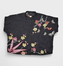 Citron Santa Monica Blouse Womens XL Ramie Floral Butterfly Embroidered Oversize