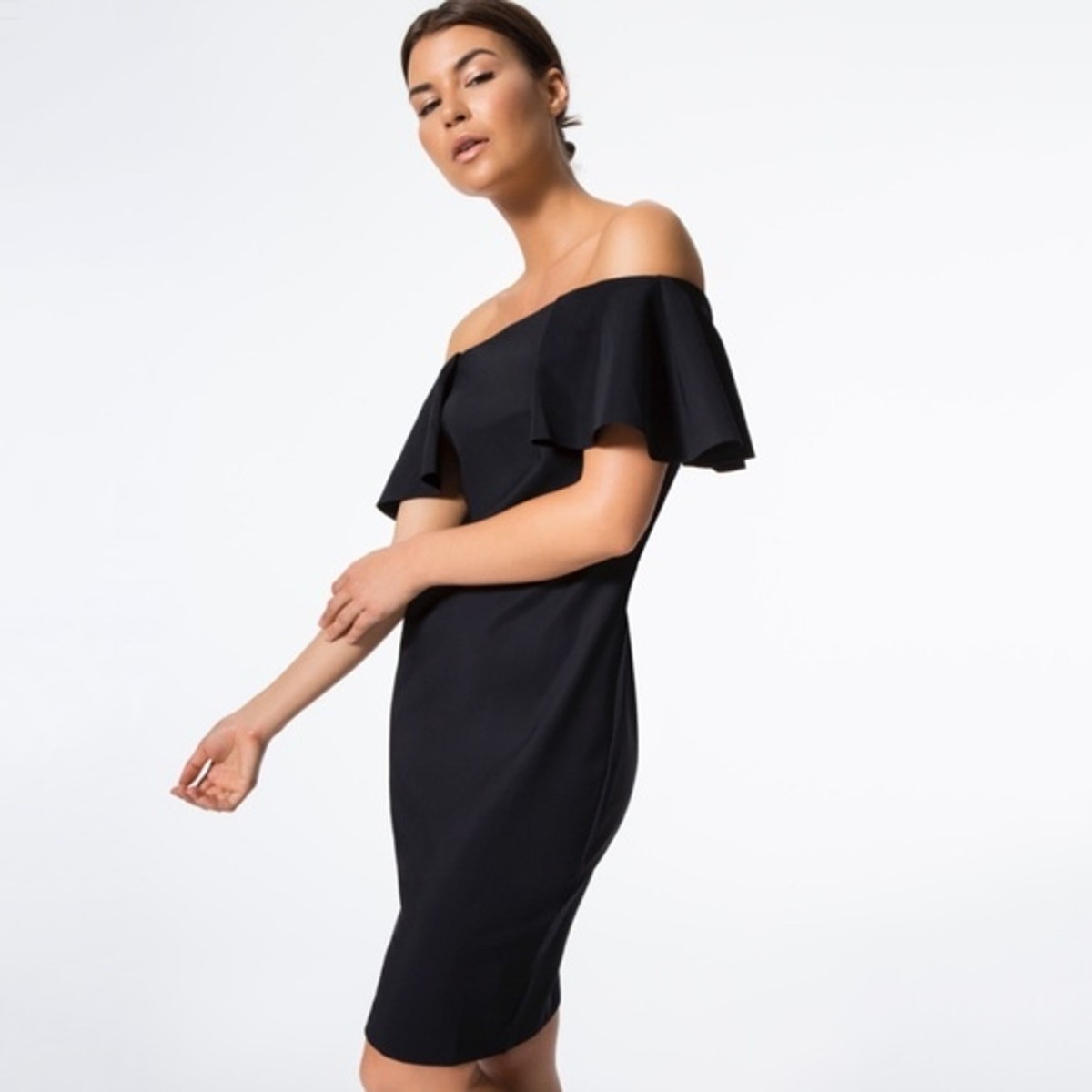 black off the shoulder scuba dress Madeline Scuba Crepe Off The Shoulder Dress