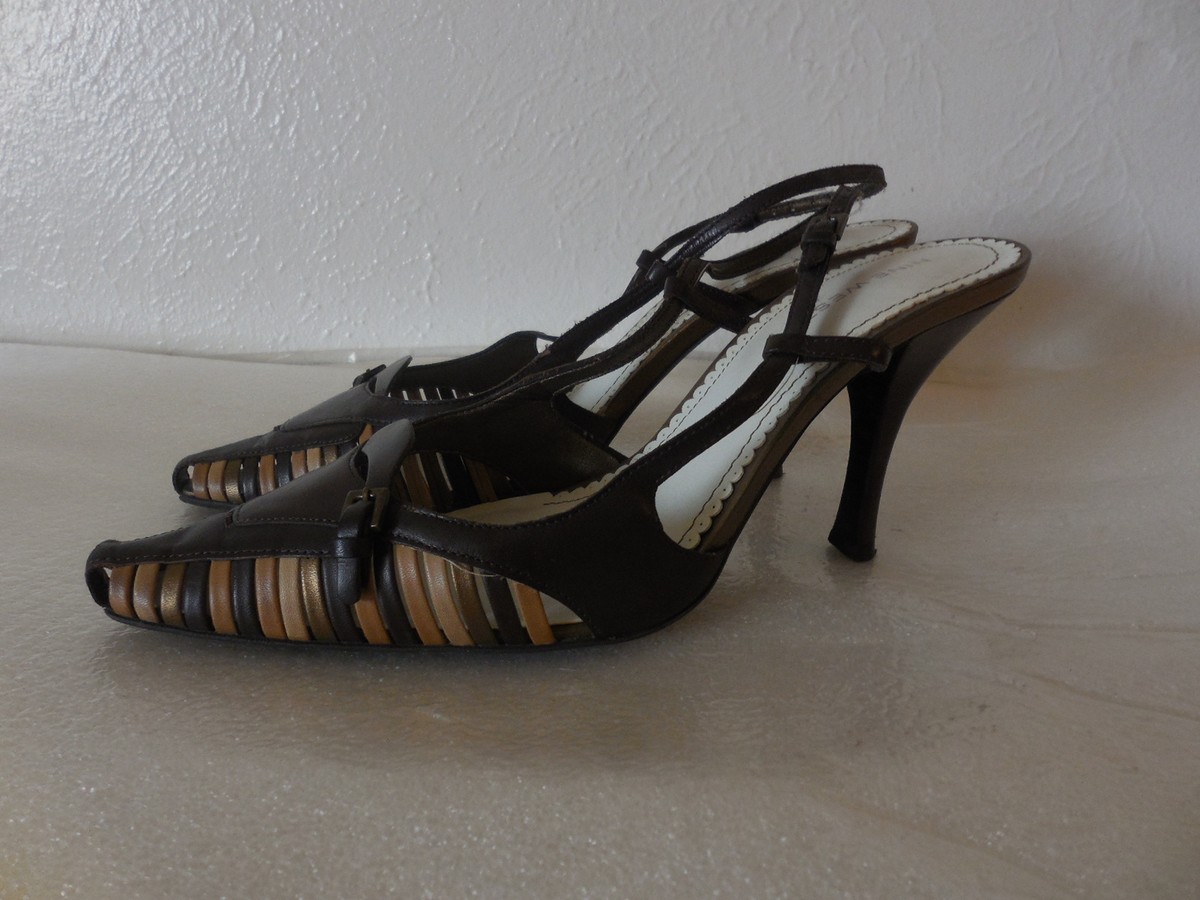 Sz.8.5 NINE WEST Leather Sling Back Heel Sandal Brown