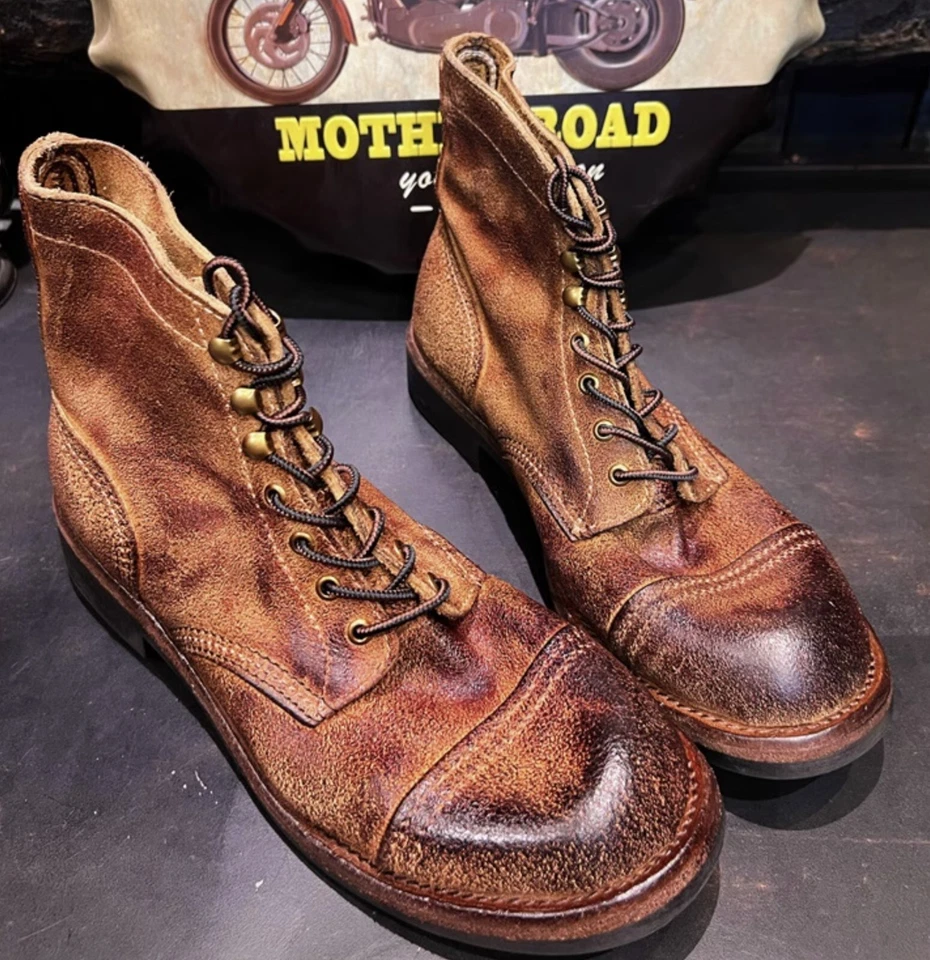 Handmade Suede Leather Desert Paratrooper Boots Distressed Large Cap Workwear - Image 2 of 4