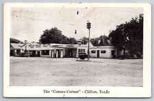 The Conoco Corner Gas Station Cafe Clifton Texas Coca Cola 1953 Postcard