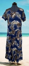 VTG Hilo Hattie Womens Blue Brown Palms Hawaiian Short Sleeve Maxi Dress Beach M