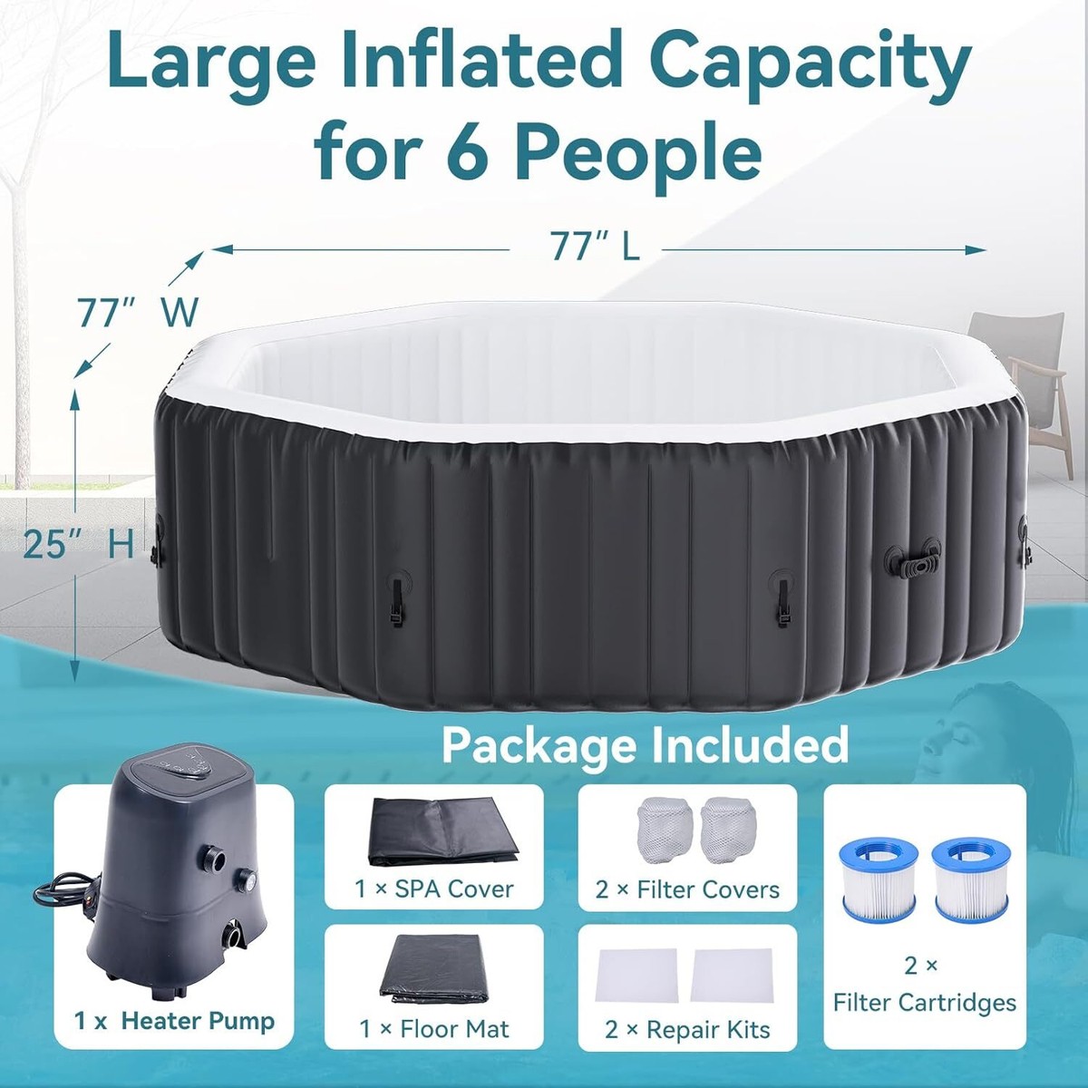 NAIZEA 6 Person Octagon Inflatable Hot Tub 130Air Jet Large Hot
