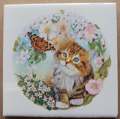 Ceramic Tile Curious Tabby Cat with Butterfly
