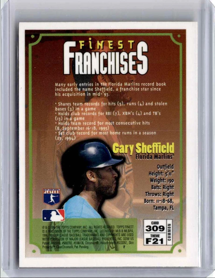 1996 Topps Finest Gary Sheffield Baseball Card Florida Marlins #309 - Image 2 of 2