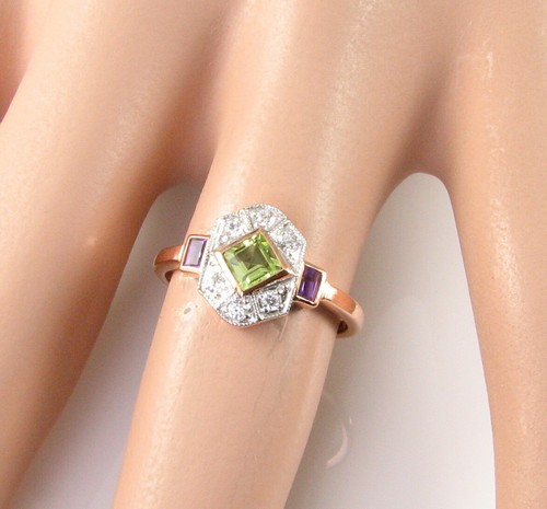 SUFFRAGETTE 9K 9CT ROSE GOLD PERIDOT AMETHYST DIAMOND ART DECO INS RING Size T - Picture 6 of 7