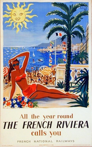 Vintage Illustrated Travel Poster CANVAS PRINT French Riviera Calls 24"X16" - 第 1/1 張圖片
